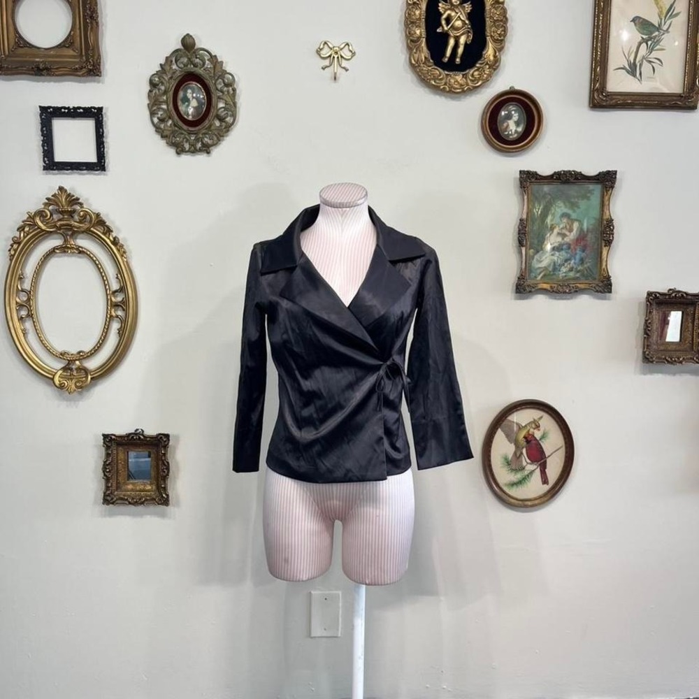 Vintage Bebe Black Satin Wrap Top – Size 2 Y2K Evening Blouse